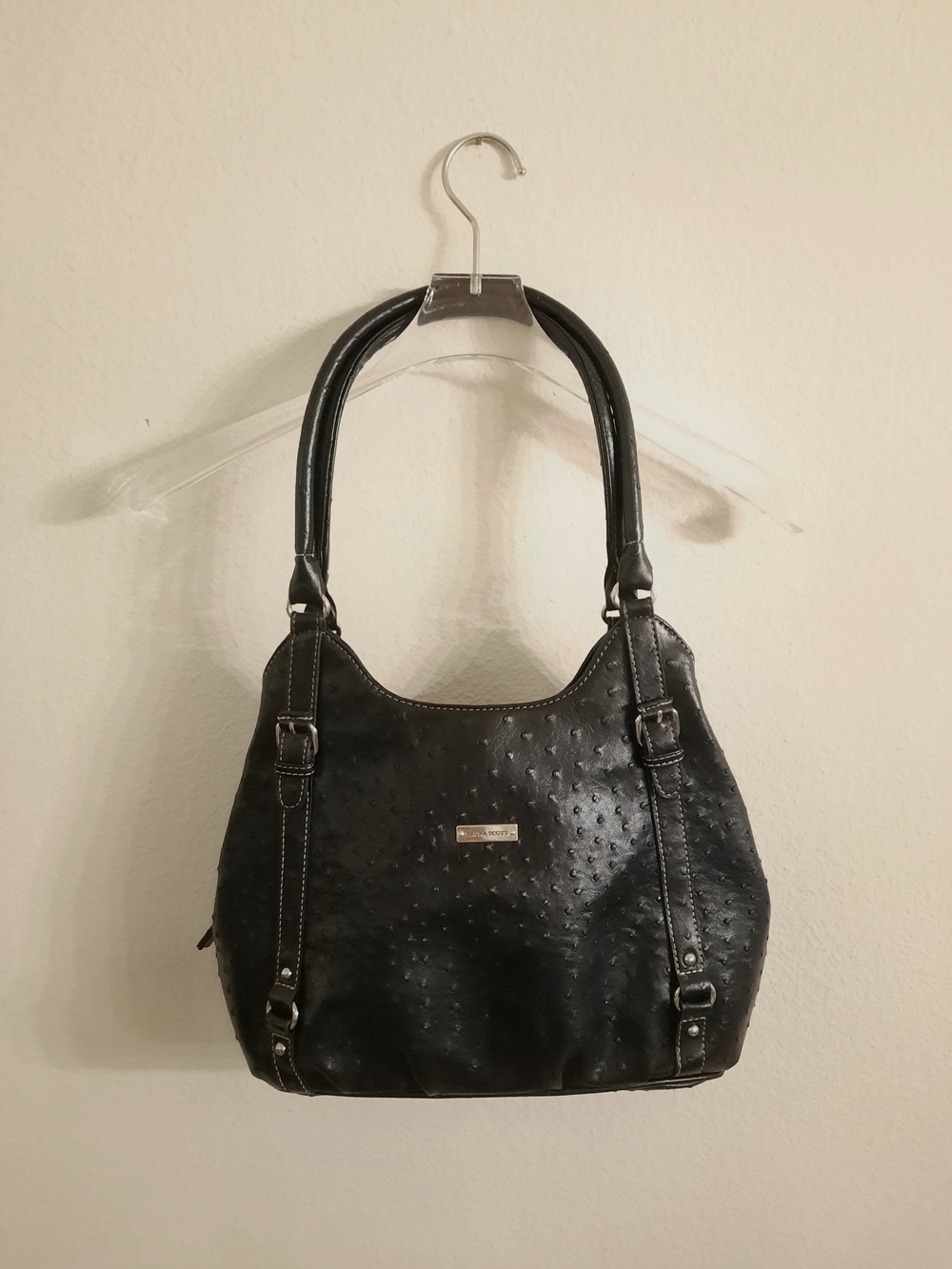 Black Faux Leather Ostrich Laura Scott Shoulder Bag